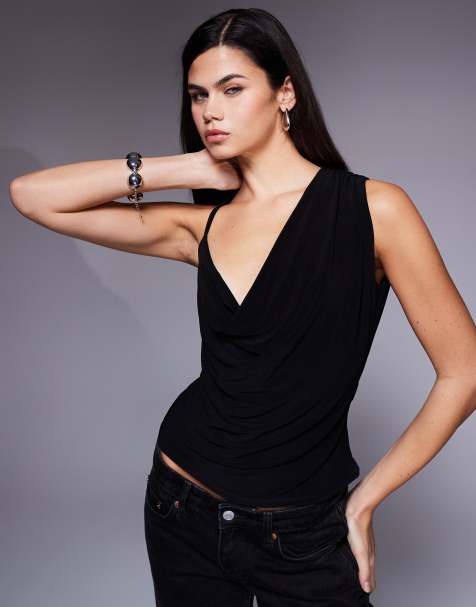 ASOS DESIGN asymmetric slinky cowl top with open back in black - view 1