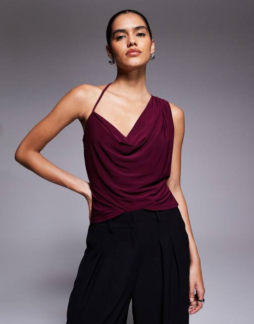 ASOS DESIGN asymmetric slinky cowl top with open back in burgundy