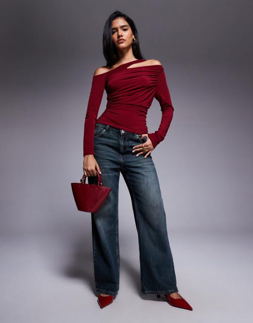 ASOS DESIGN asymmetric slinky long sleeve top with cut out in burgundy, 2 of 4