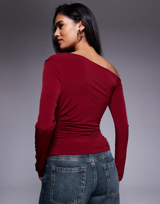 ASOS DESIGN asymmetric slinky long sleeve top with cut out in burgundy, 3 of 4