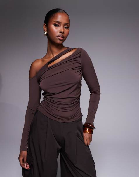 ASOS DESIGN asymmetric slinky long sleeve top with cut out in dark chocolate - view 1