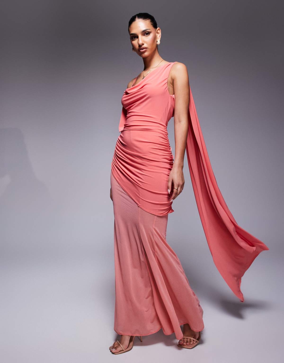 ASOS DESIGN asymmetric slinky ruched maxi dress with sheer skirt in coral