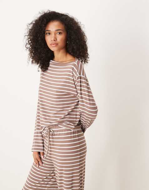 ASOS DESIGN asymmetric slouchy off shoulder stripe co ord top in brown - view 1