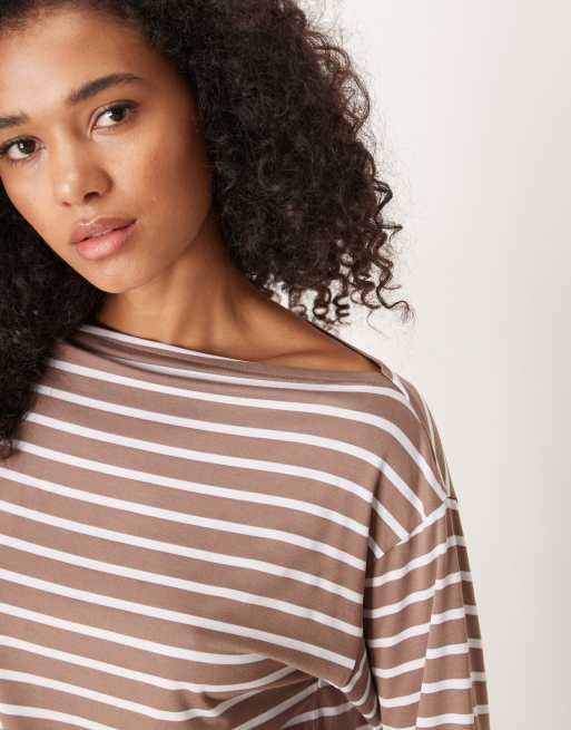 ASOS DESIGN asymmetric slouchy off shoulder stripe co ord top in brown, 2 of 4