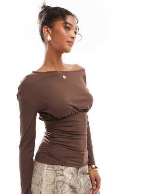 Asos Design Asymmetric Slouchy Ruched Detail Top In Brown