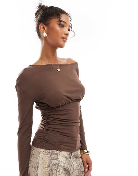 ASOS DESIGN asymmetric slouchy ruched detail top in brown - view 1
