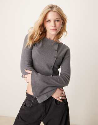 Asos Design Asymmetric Soft Touch Button Up Top In Grey