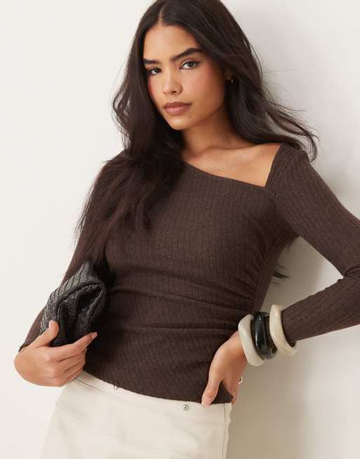 ASOS DESIGN asymmetric soft touch ruched heathered ribbed top in brown