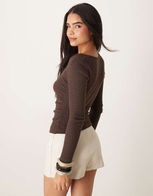 ASOS DESIGN asymmetric soft touch ruched heathered ribbed top in brown ...