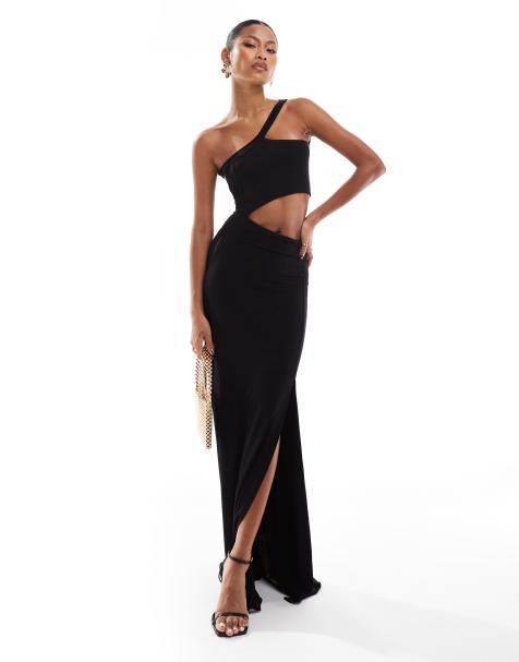 ASOS DESIGN asymmetric strap detail cut out maxi dress in black - view 1