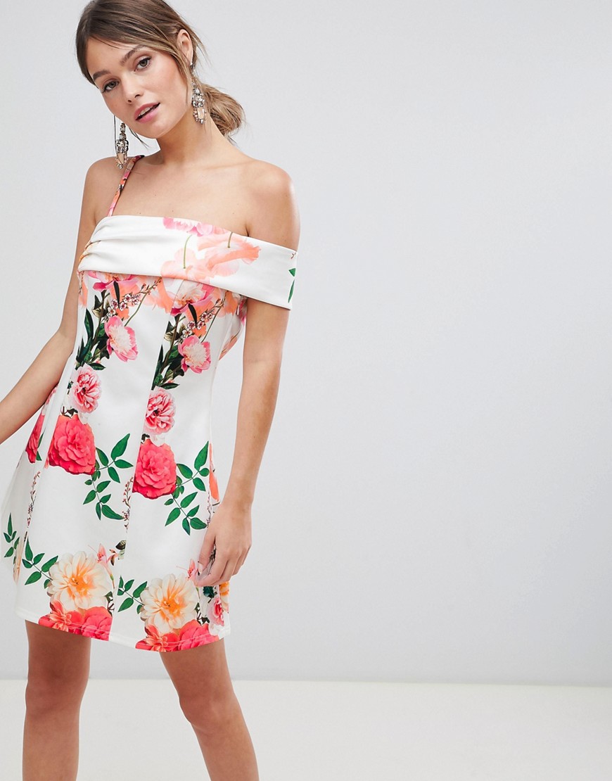 Asos Design Asymmetric Strap Floral A Line Mini Dress-multi
