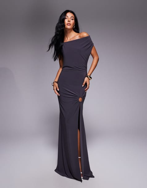ASOS DESIGN asymmetric strap maxi dress with ruching and silver trims in slate grey - view 1