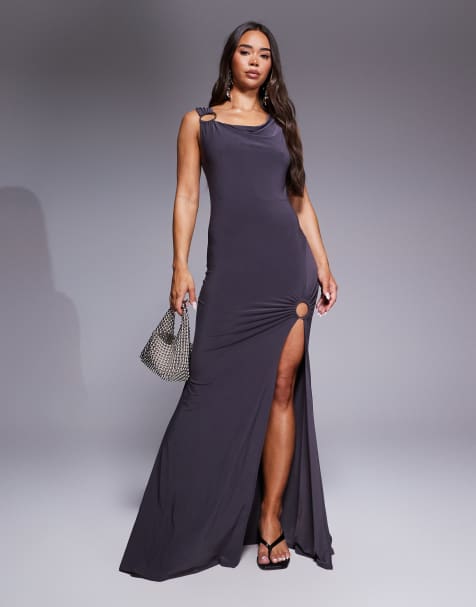 ASOS DESIGN asymmetric strap with ruching and silver trims maxi dress in slate gray - view 1