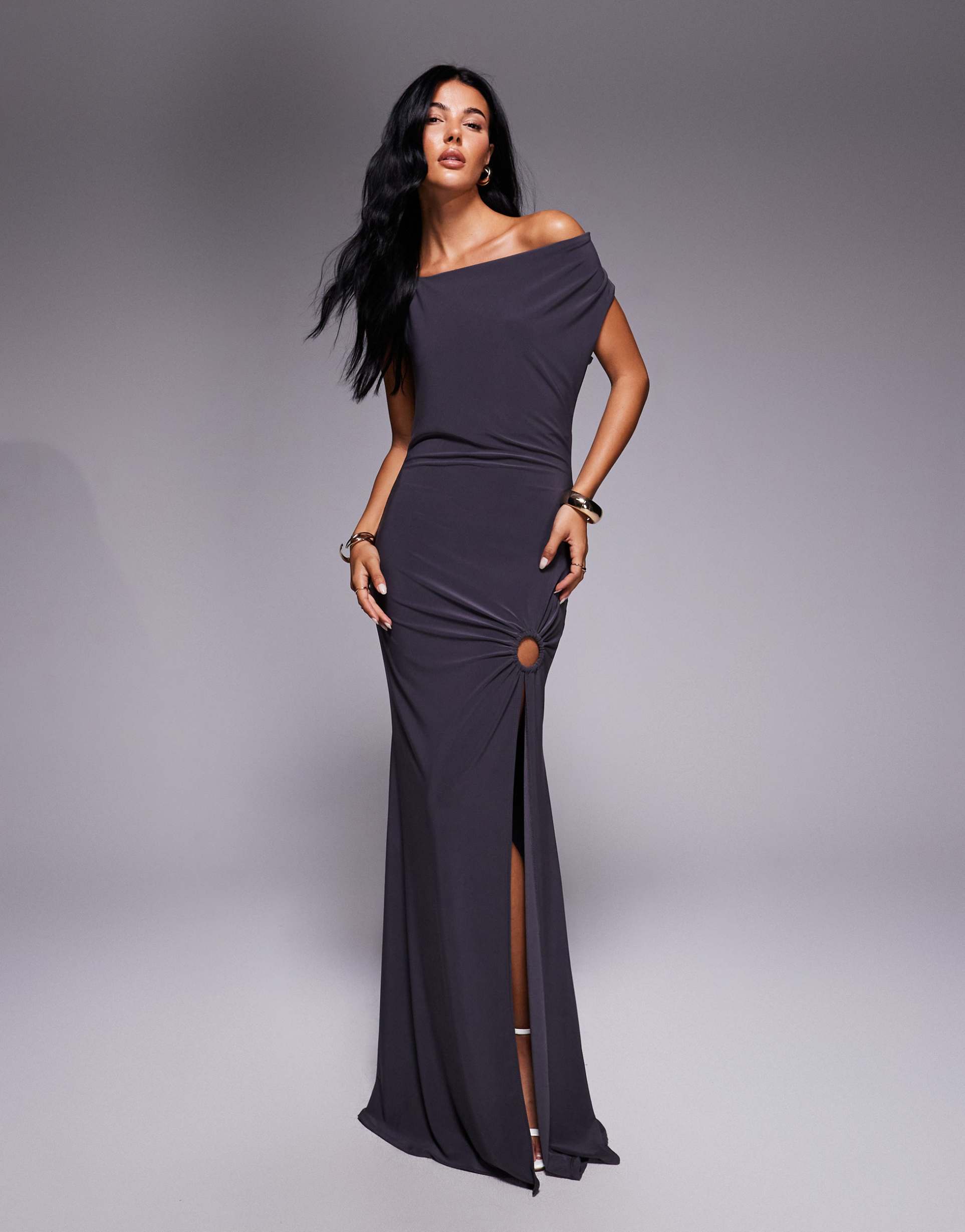 asos design asymmetric strap with ruching and silver trims maxi dress in slate gray