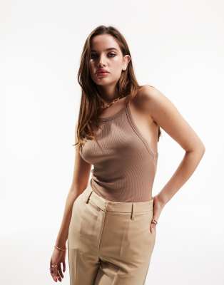 Asos Design Asymmetric Strappy Back Bodysuit In Taupe-neutral