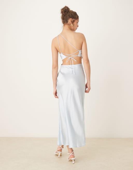ASOS DESIGN asymmetric strappy lace slip midi dress in pale blue | ASOS