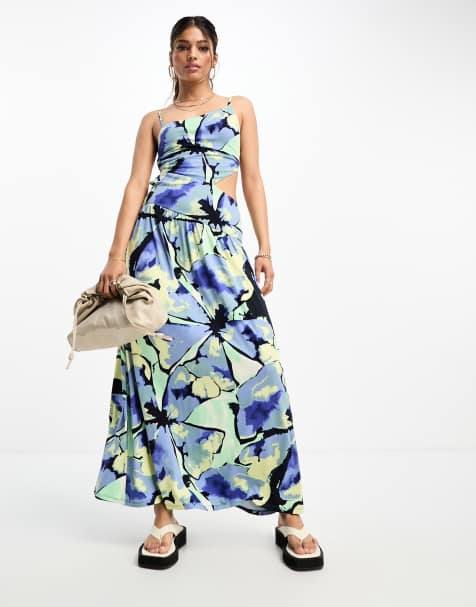 ASOS DESIGN asymmetric strappy maxi dress with cut out side in blue floral print - view 1