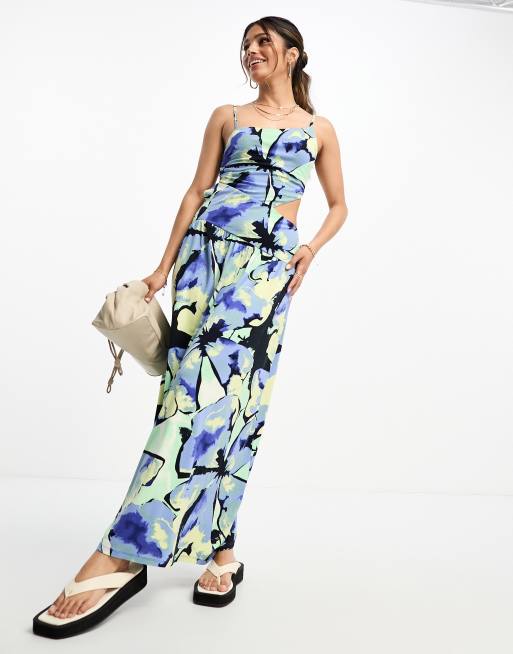 ASOS DESIGN longsleeve backless cutout maxi dress with godets in abstract  floral print