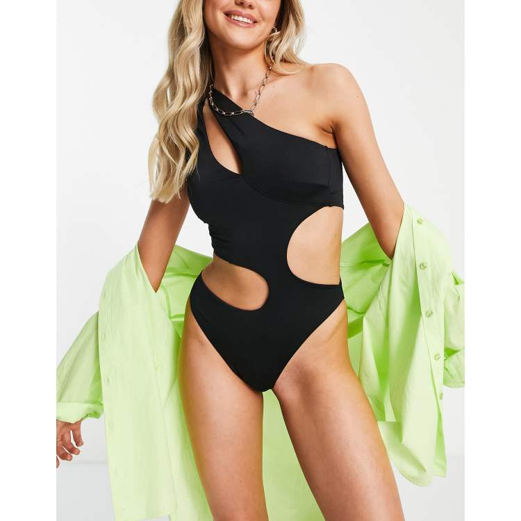 ASOS DESIGN one shoulder mesh over lay swimsuit in black and natural