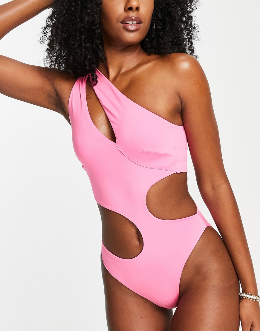 ASOS DESIGN asymmetric strappy one shoulder cut out swimsuit in neon pink