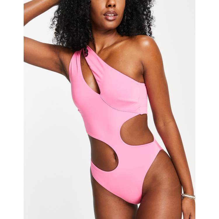 ASOS DESIGN asymmetric strappy one shoulder cut out swimsuit in