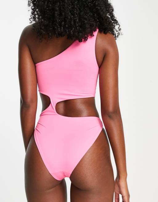 ASOS DESIGN asymmetric strappy one shoulder cut out swimsuit in