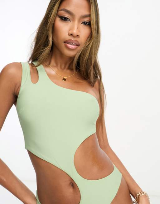 ASOS DESIGN asymmetric strappy one shoulder cut out swimsuit in sage green