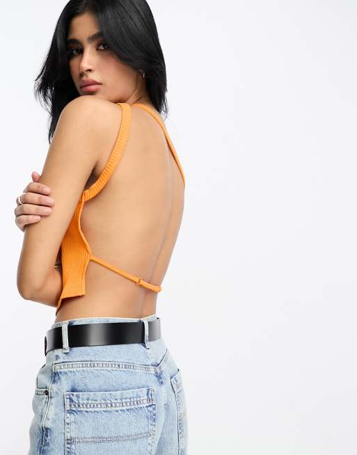 ASOS DESIGN asymmetric strappy top in rib in orange