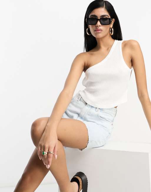 ASOS DESIGN asymmetric strappy top in rib in white