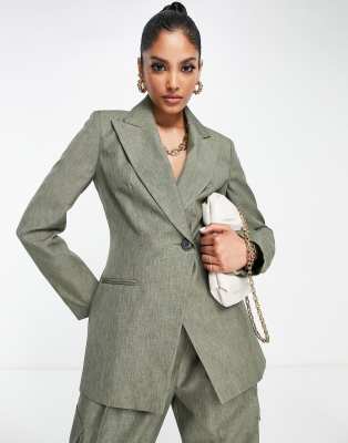 Asos Design Asymmetric Suit Blazer In Khaki-gray