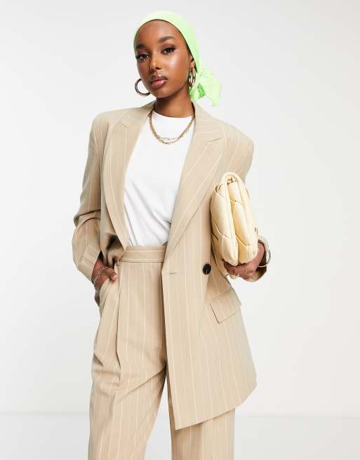 ASOS DESIGN asymmetric suit blazer in pinstripe camel | ASOS