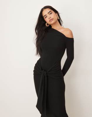 asos design asymmetric super soft maxi dress with tie in black