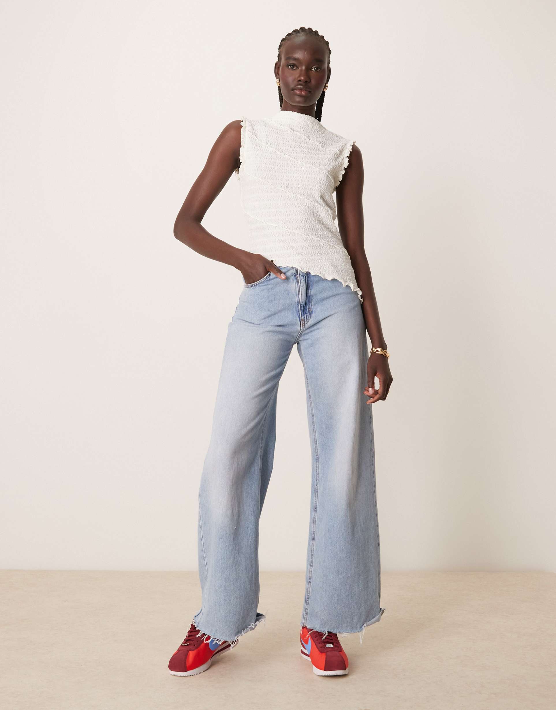 asos design asymmetric texture shirred sleeveless top in ecru