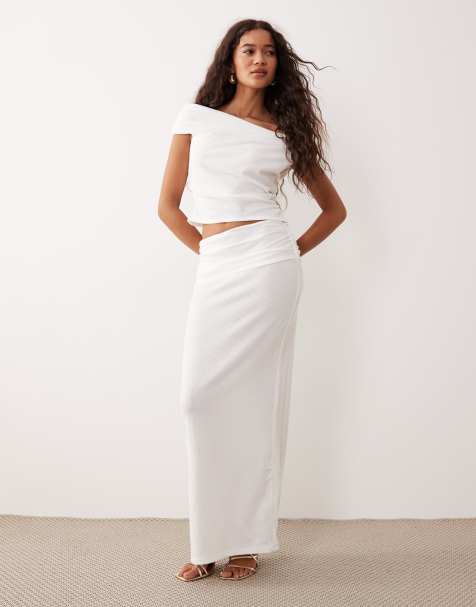 ASOS DESIGN asymmetric textured rib top and maxi skirt set in ivory - view 1