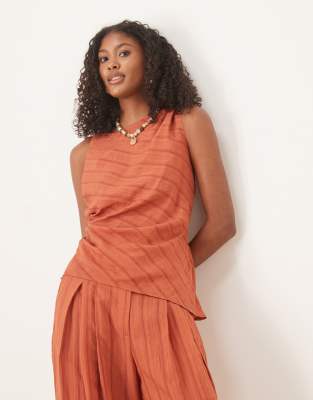 ASOS DESIGN asymmetric textured stripe twist detail top co-ord in rust - view 1