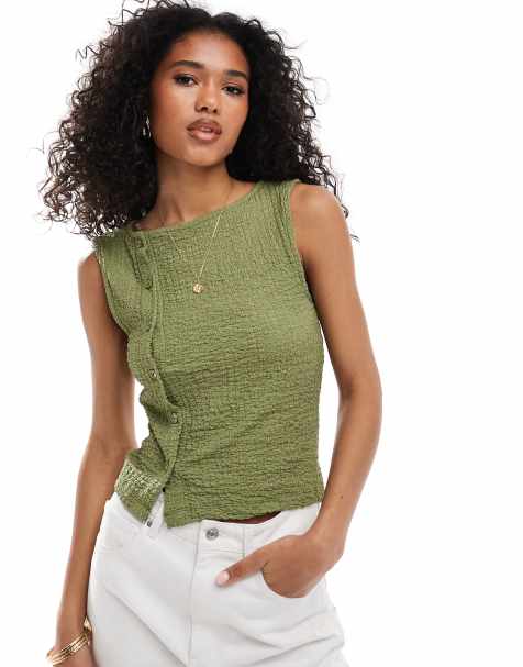 ASOS DESIGN asymmetric textured waistcoat in khaki - view 1
