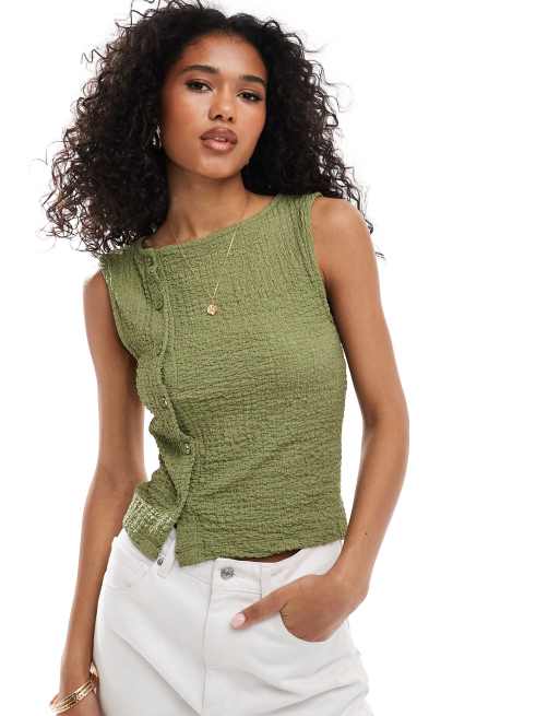 ASOS DESIGN asymmetric textured waistcoat in khaki