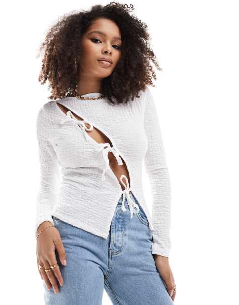 ASOS DESIGN  asymmetric tie front top in ivory - view 1