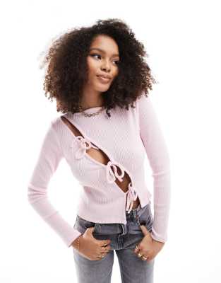 Asos Design Asymmetric Tie Front Top In Light Pink