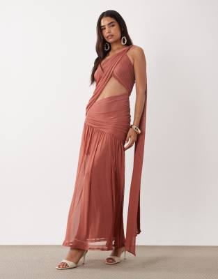 Asos Design Asymmetric Tie Sash Maxi Dress With Draped Panels And Cut Out In Pink