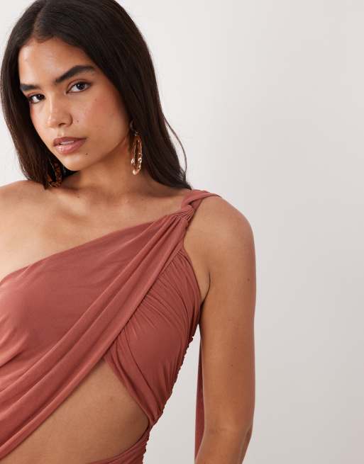 ASOS DESIGN asymmetric tie sash maxi dress with draped panels and cut out in clay, 3 of 4