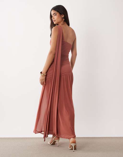 ASOS DESIGN asymmetric tie sash maxi dress with draped panels and cut out in clay, 4 of 4