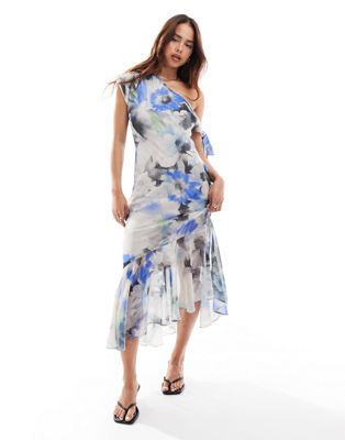 Asos Design Asymmetric Tie Up Midi Dress In Blue Floral Print