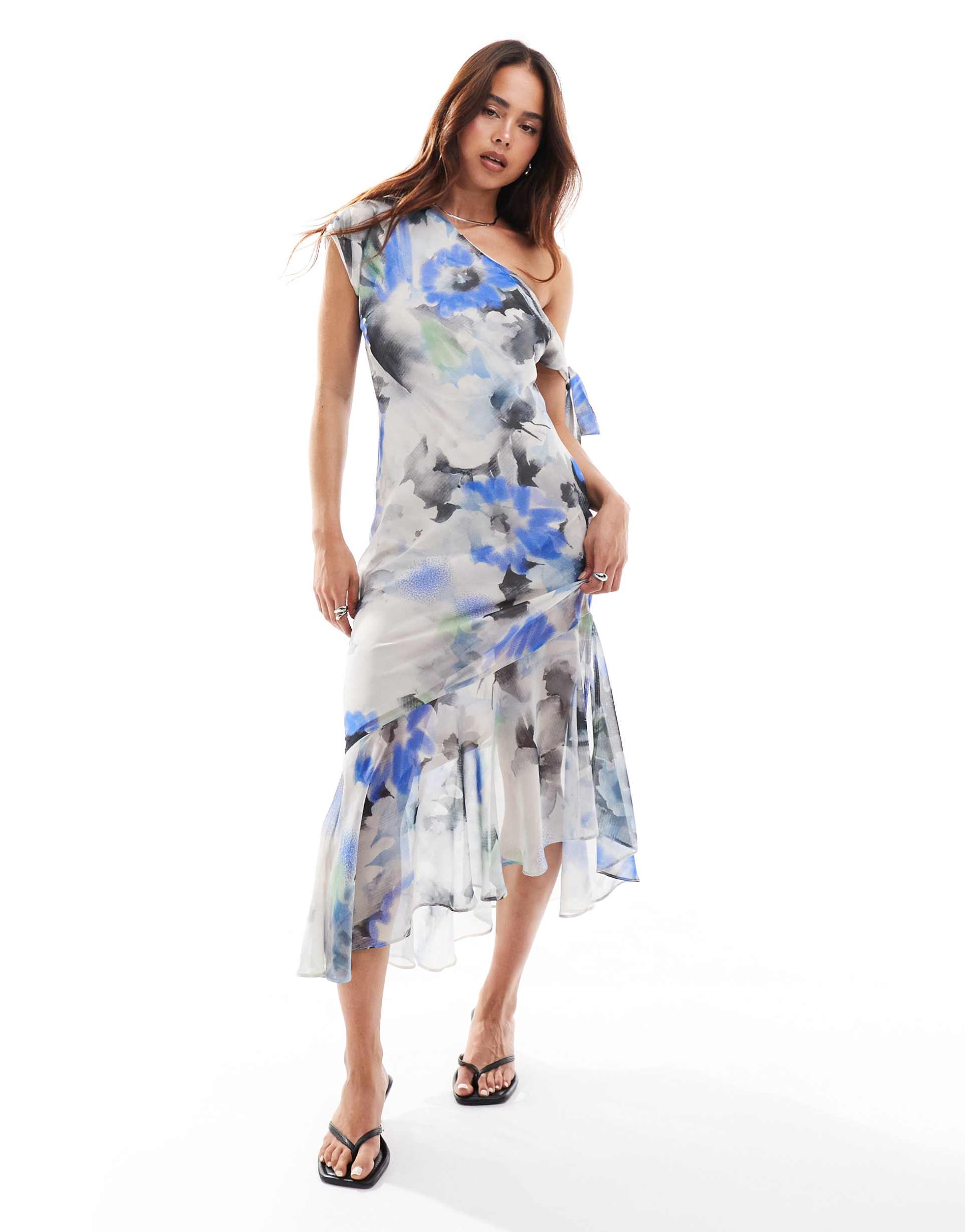 asos design asymmetric tie up midi dress in blue floral print