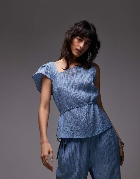 ASOS DESIGN asymmetric tie waist top in crinkle co-ord in blue - view 1