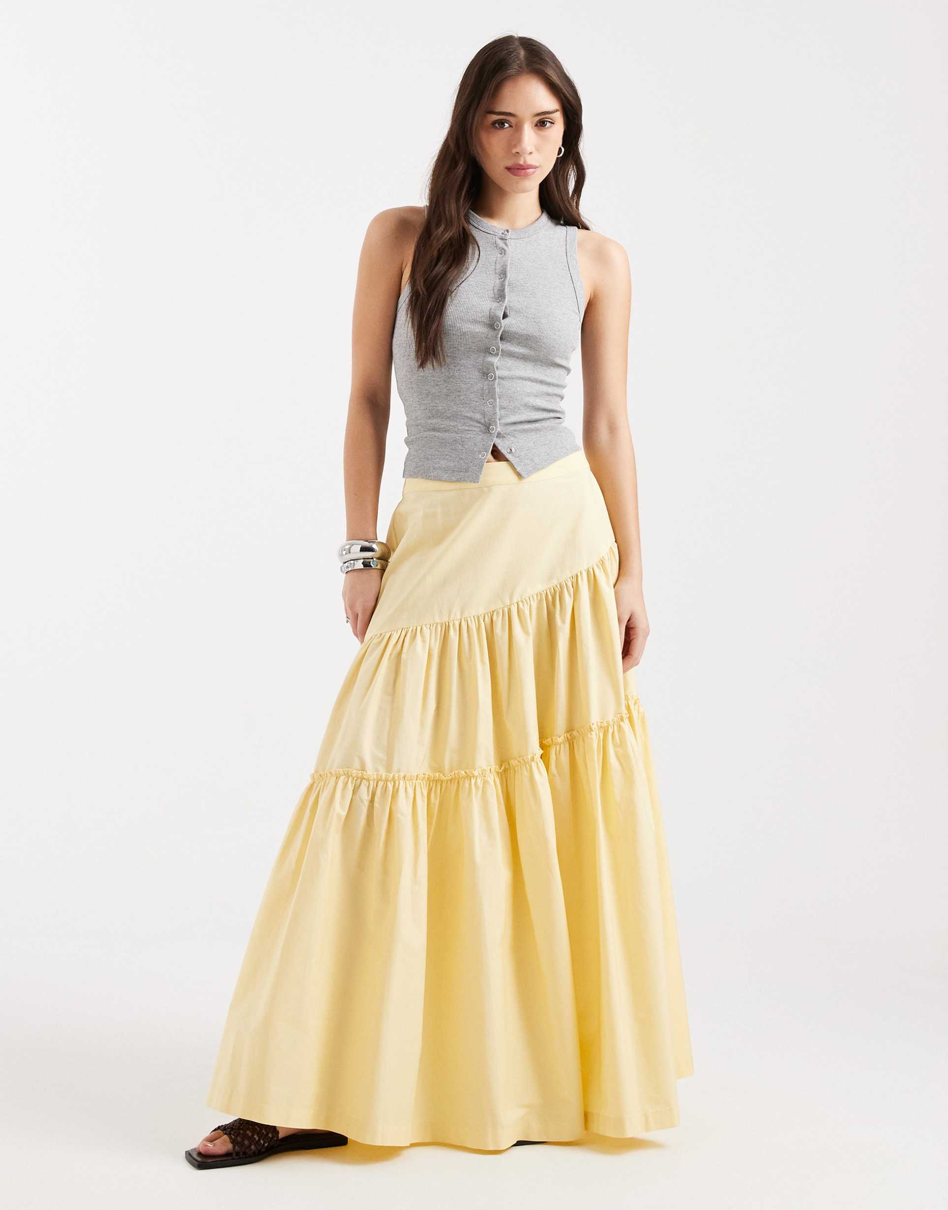 asos design asymmetric tiered boho maxi skirt in buttermilk