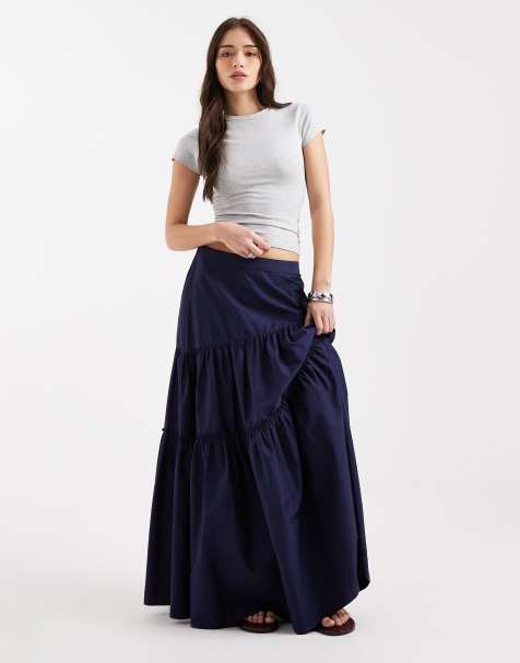 ASOS DESIGN asymmetric tiered boho maxi skirt in navy - view 1