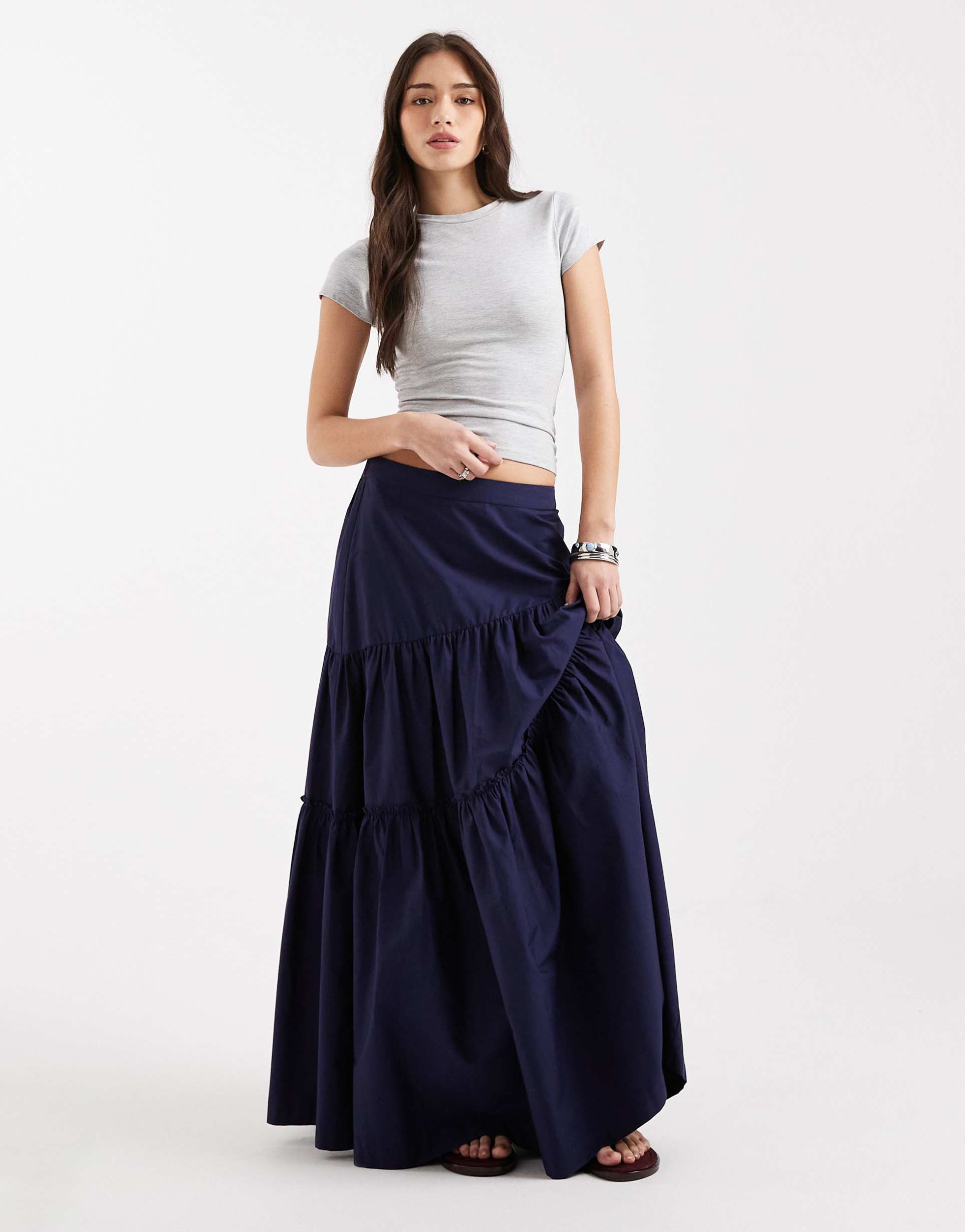 asos design asymmetric tiered boho maxi skirt in navy