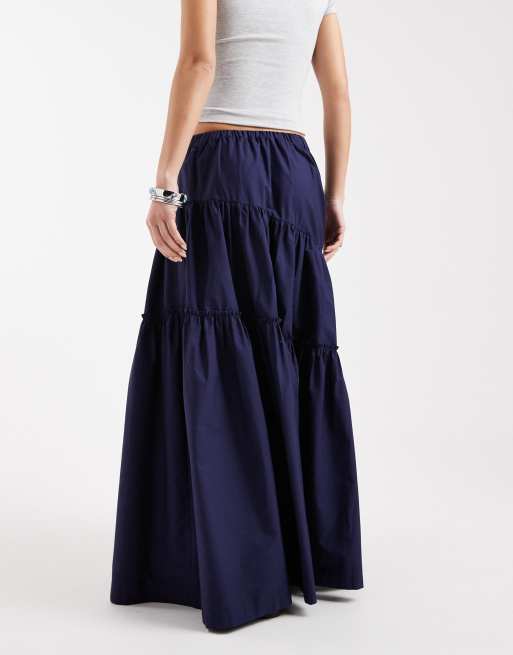 ASOS DESIGN asymmetric tiered boho maxi skirt in navy, 2 of 5