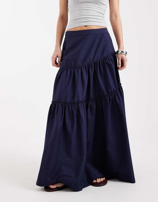 ASOS DESIGN asymmetric tiered boho maxi skirt in navy, 3 of 5